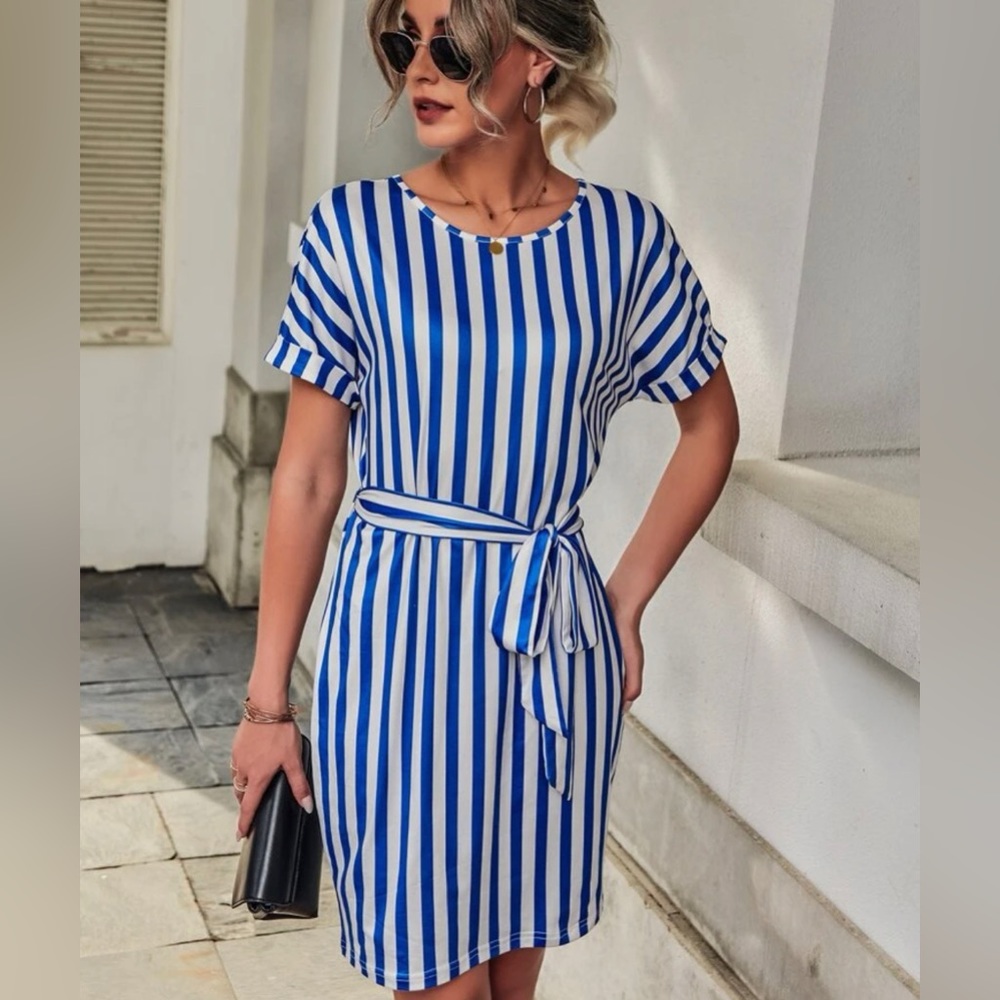 Striped nice satin-y material belted dress